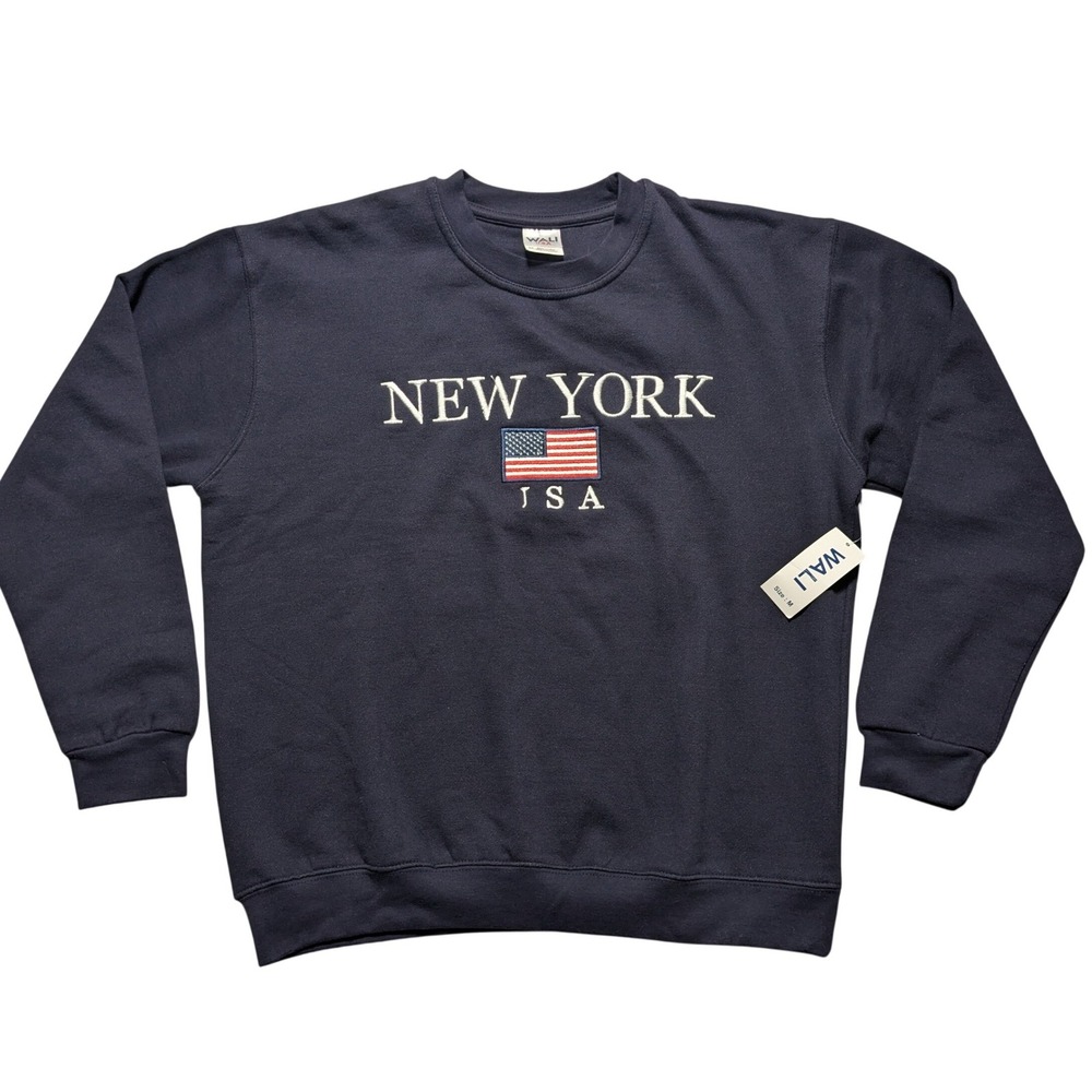 Wali USA New York American Flag Embroidered Navy Sweatshirt Women Medium NEW